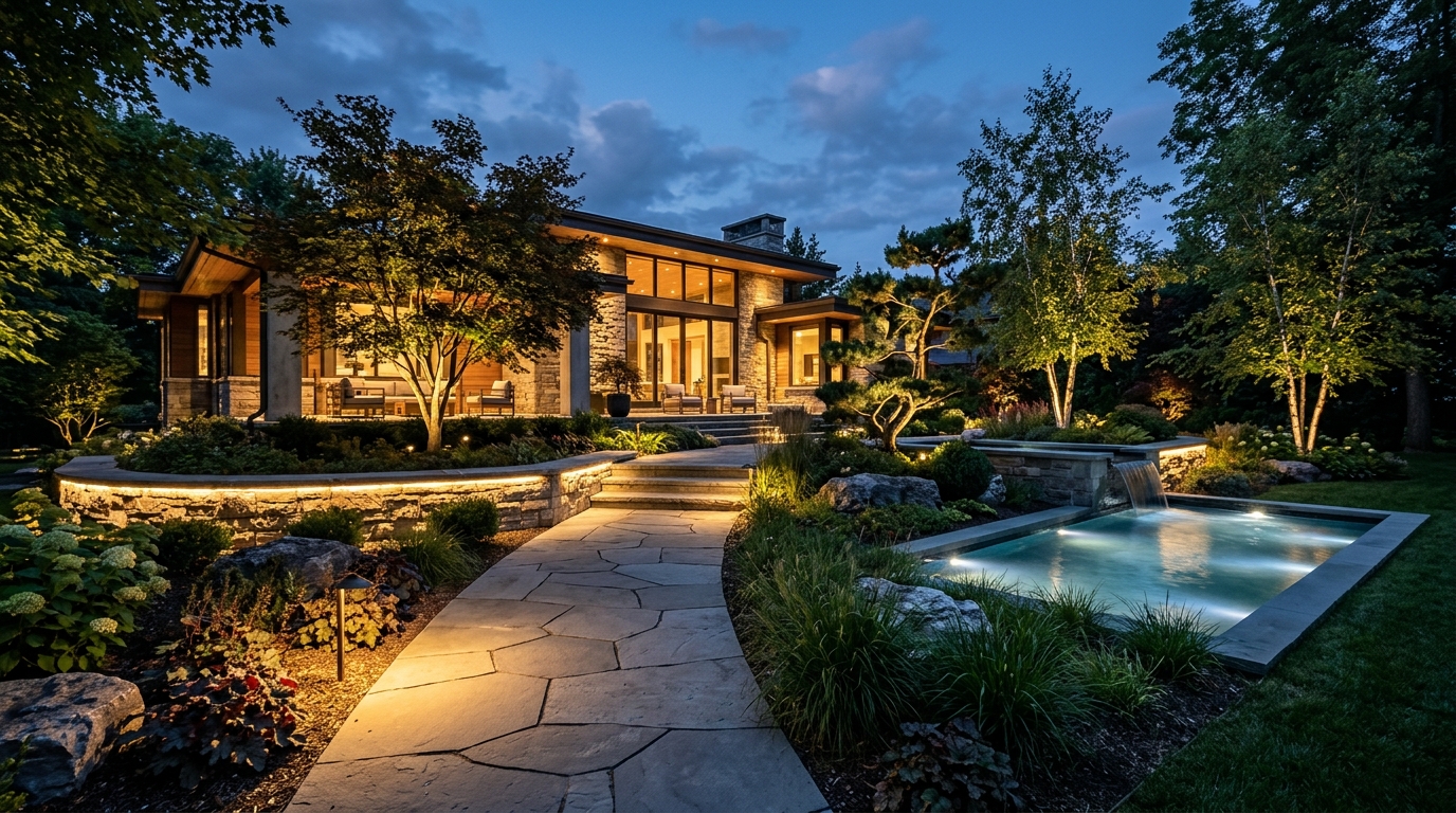 Architectural landscape illumination with illuminated pathways and water feature at dusk
