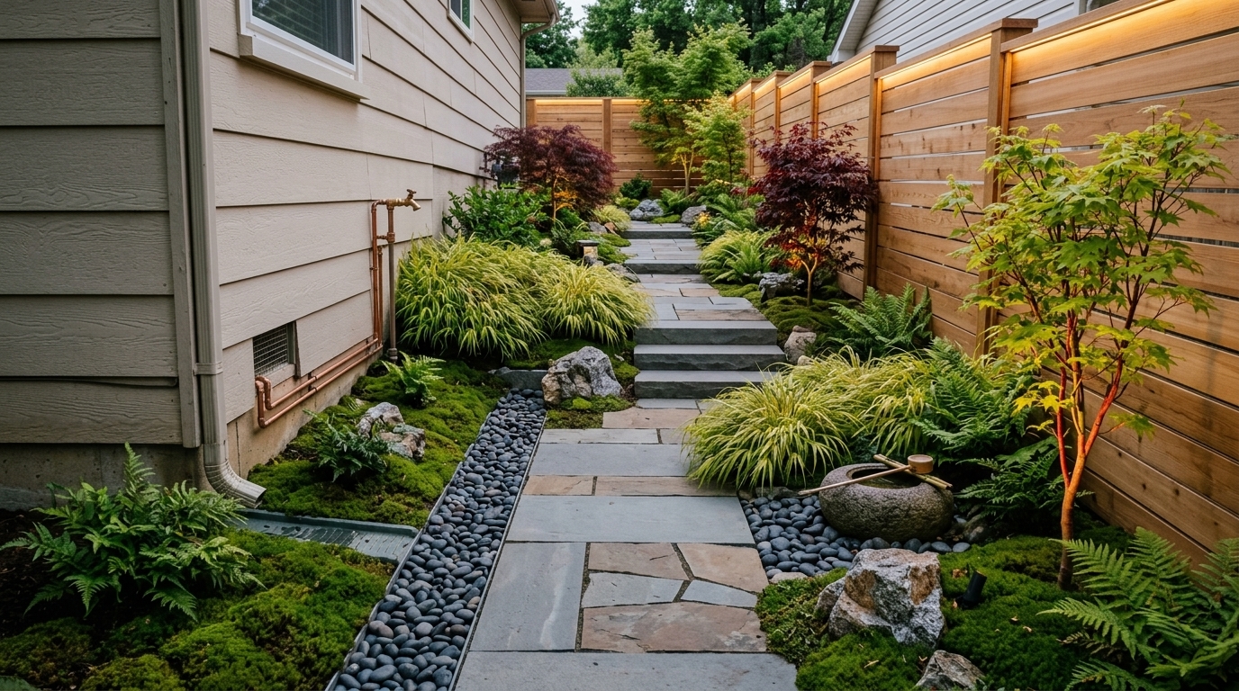 Stone pathway through lush garden